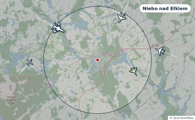 Mapa okolic miasta z sylwetkami samolotów — Niebo nad Ełkiem na żywo