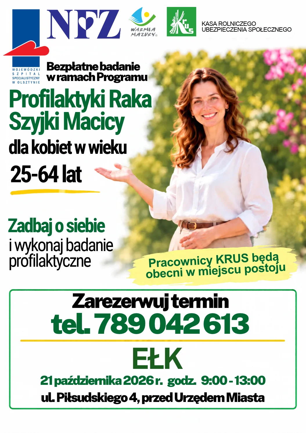 Grafika promocyjna wydarzenia Bezpłatne badania profilaktyczne dla kobiet w Ełku