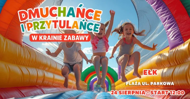 Obrazek przedstawia grafikę promocyjną wydarzenia Dzień rodzinny z dmuchańcami i festiwalami kolorów na Plaży Miejskiej w Ełku