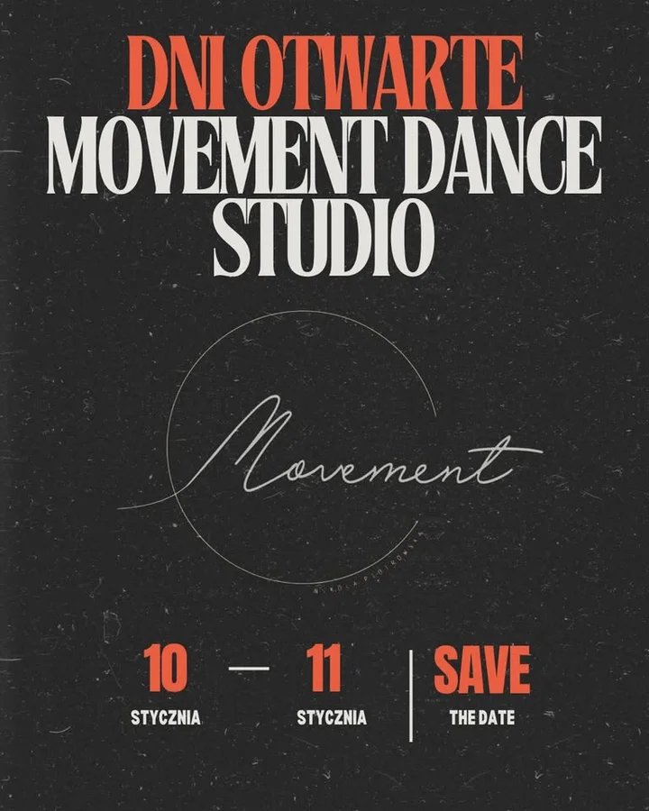 Grafika promocyjna wydarzenia DNI OTWARTE Movement Dance Studio — darmowe zajęcia taneczne 10–11 stycznia