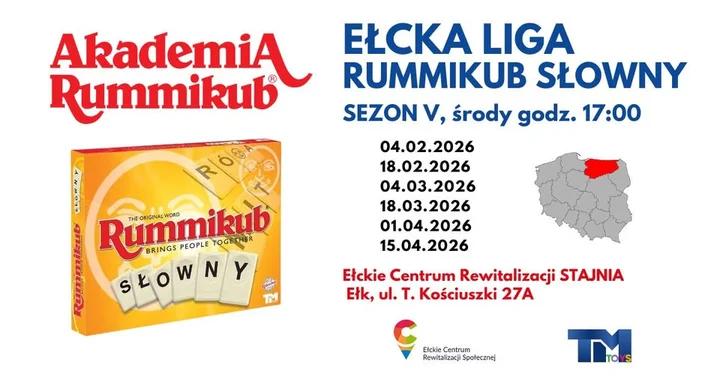 Grafika promocyjna wydarzenia Ełcka Liga Rummikub Słowny – Sezon V