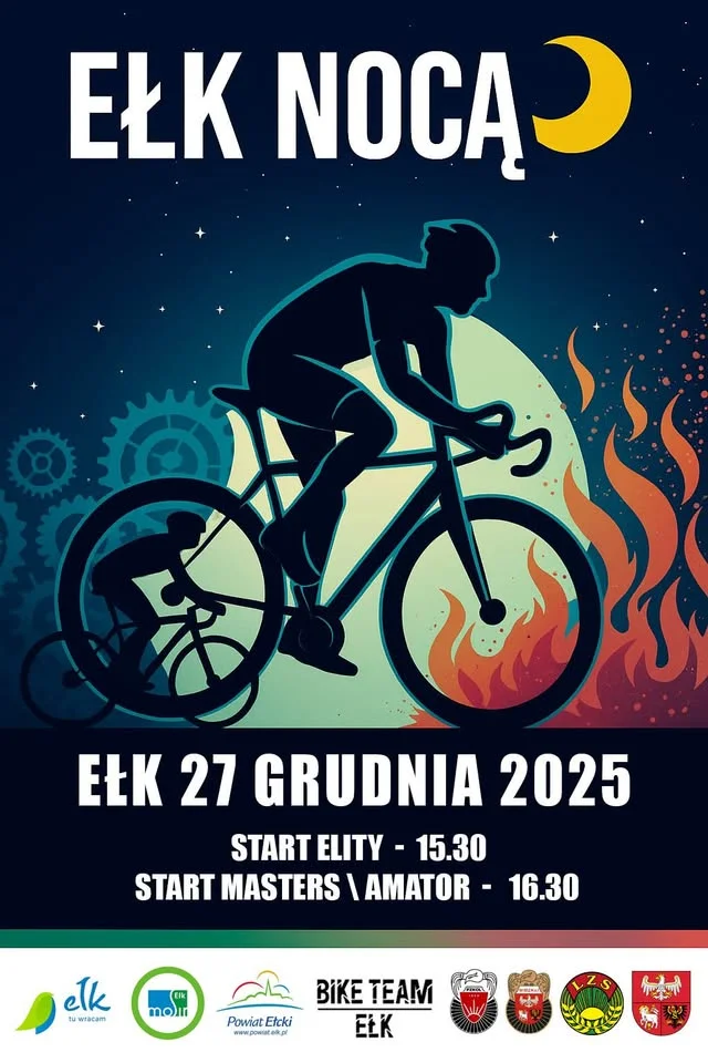 Grafika promocyjna wydarzenia EŁk NOCĄ — wyścig w kolarstwie przełajowym na Plaży Miejskiej