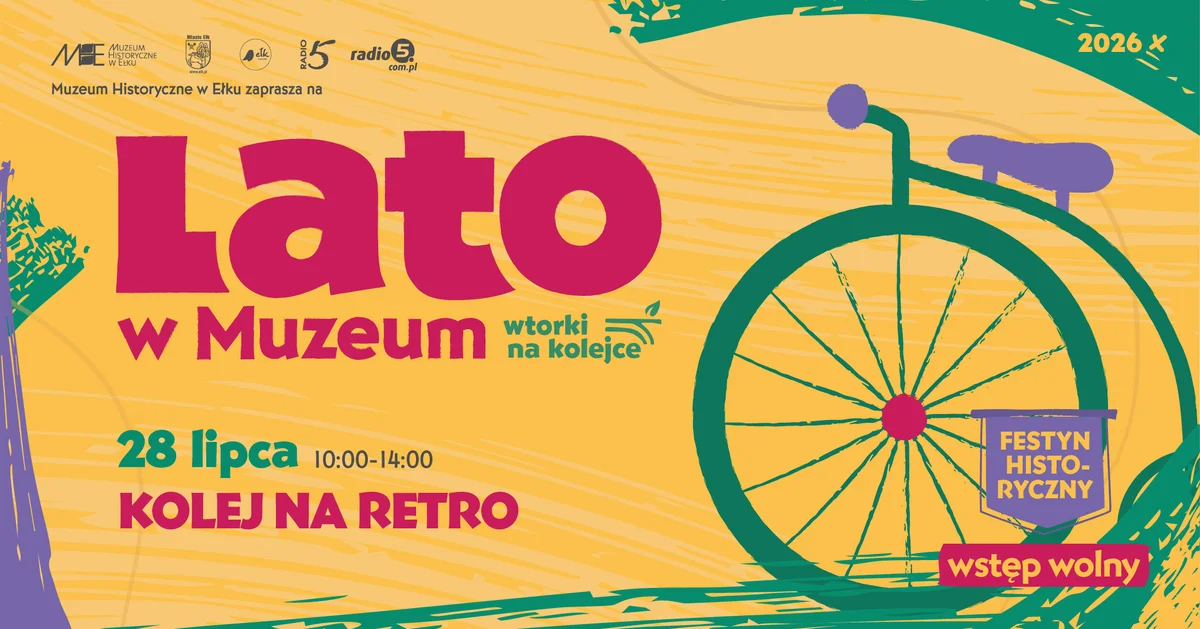 Grafika promocyjna wydarzenia Lato w Muzeum. Wtorki na Kolejce: Kolej na retro