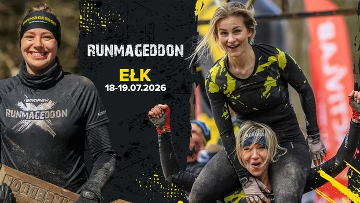 Grafika promocyjna wydarzenia Runmageddon Ełk 2026 — bieg przeszkodowy na Mazurach