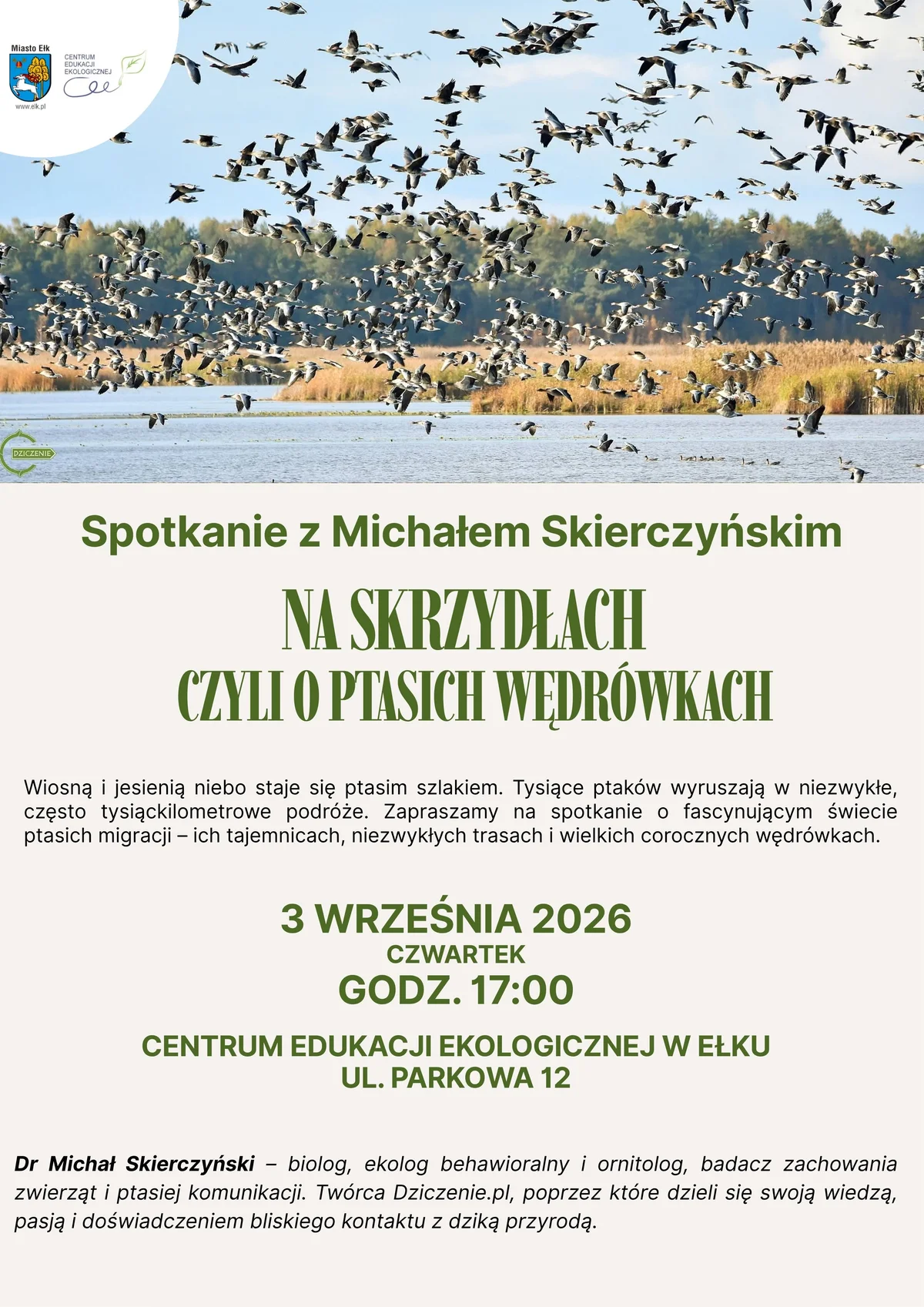 Grafika promocyjna wydarzenia Spotkanie z Michałem Skierczyńskim – Na skrzydłach – czyli o ptasich wędrówkach