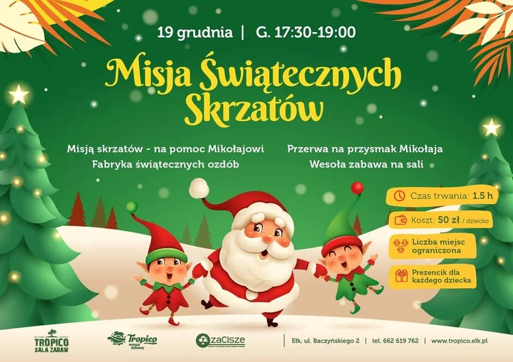 Grafika promocyjna wydarzenia Misja Świątecznych Skrzatów — świąteczne warsztaty dla dzieci w Tropico