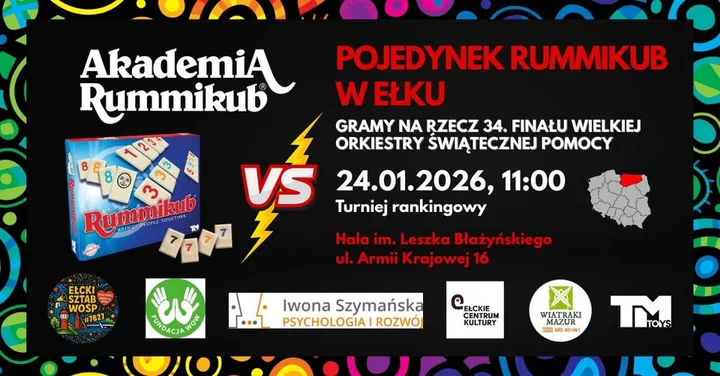 Grafika promocyjna wydarzenia Turniej Rummikub Pojedynek w Ełku – eliminacje do Mistrzostw Województwa 2026