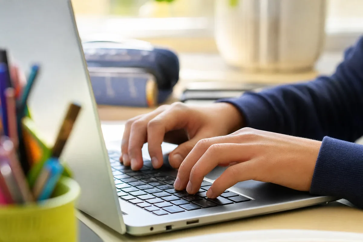 Dłonie osoby w granatowej bluzie piszą na klawiaturze laptopa leżącego na biurku obok pojemnika z długopisami.