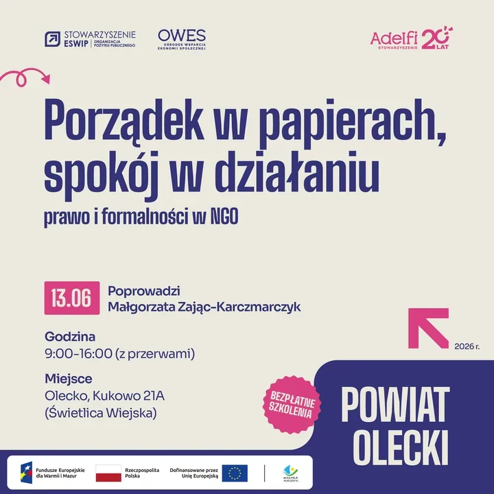NGO uporządkują papiery i formalności. Rusza szkolenie OWES Ełk
