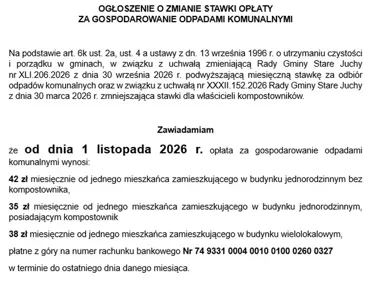 W Starych Juchach zmieni się stawka opłaty za odpady